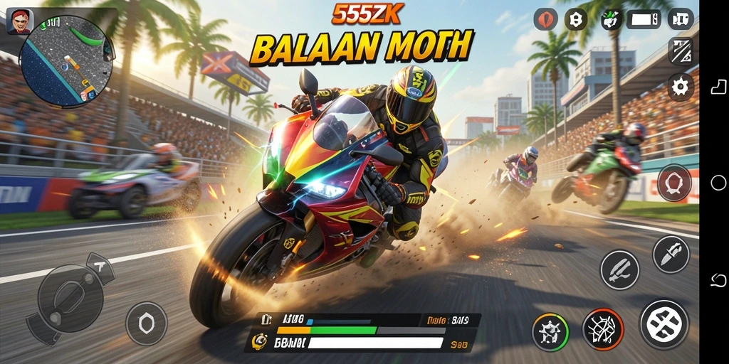 Tampilan gameplay seru dari 555ZK saat balapan motor.