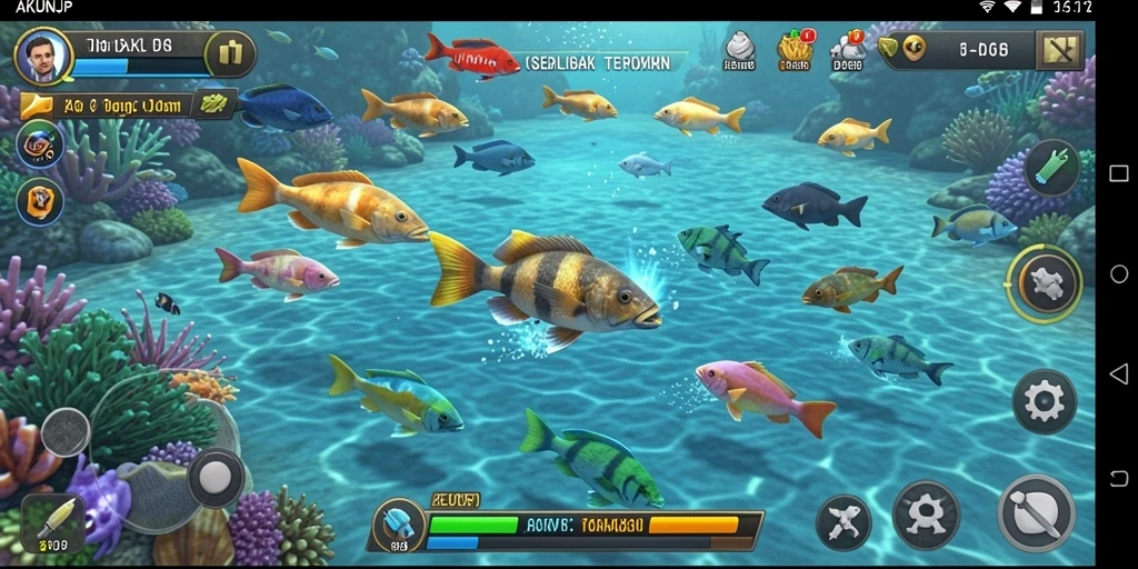 Tampilan gameplay AKUNJP yang penuh warna dan aksi menangkap ikan.