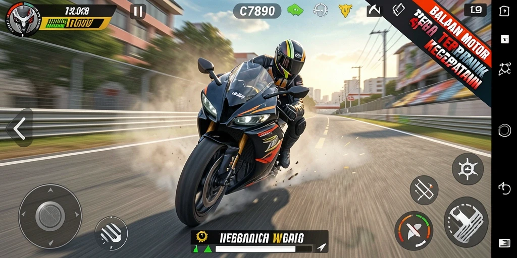 Screenshot gameplay C7890 menampilkan proses balapan motor yang mendebarkan.