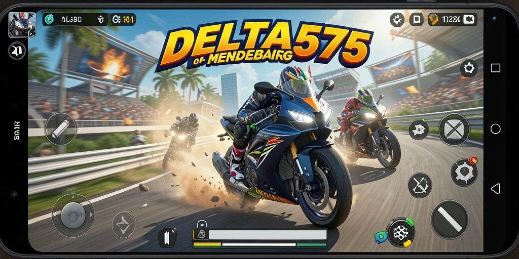 Tampilan gameplay seru dalam DELTA575 saat balapan motor.