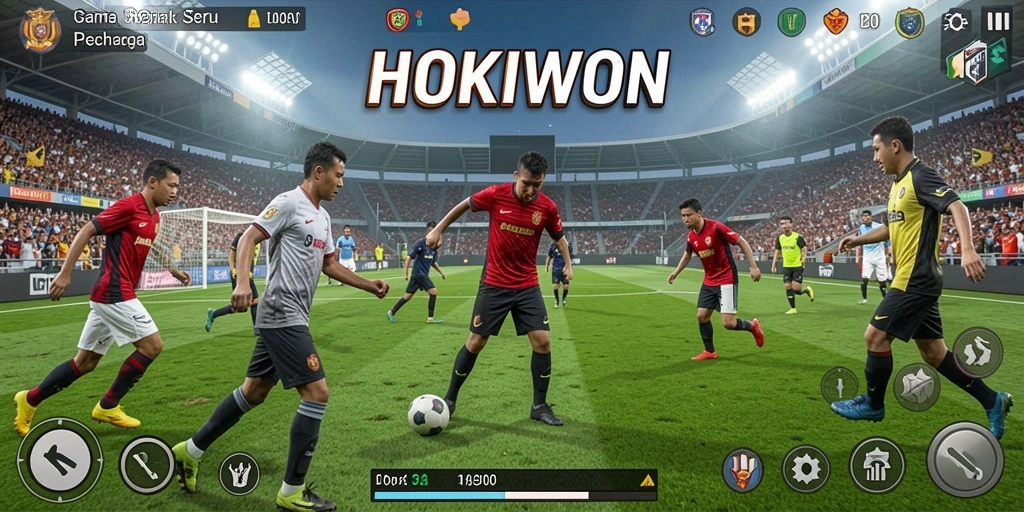 Screenshot HOKIWON menunjukkan pertarungan seru di lapangan sepak bola.