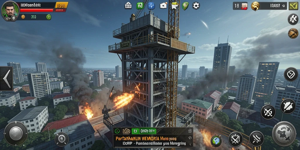 Tampilan gameplay menara dengan aksi serangan yang intens.