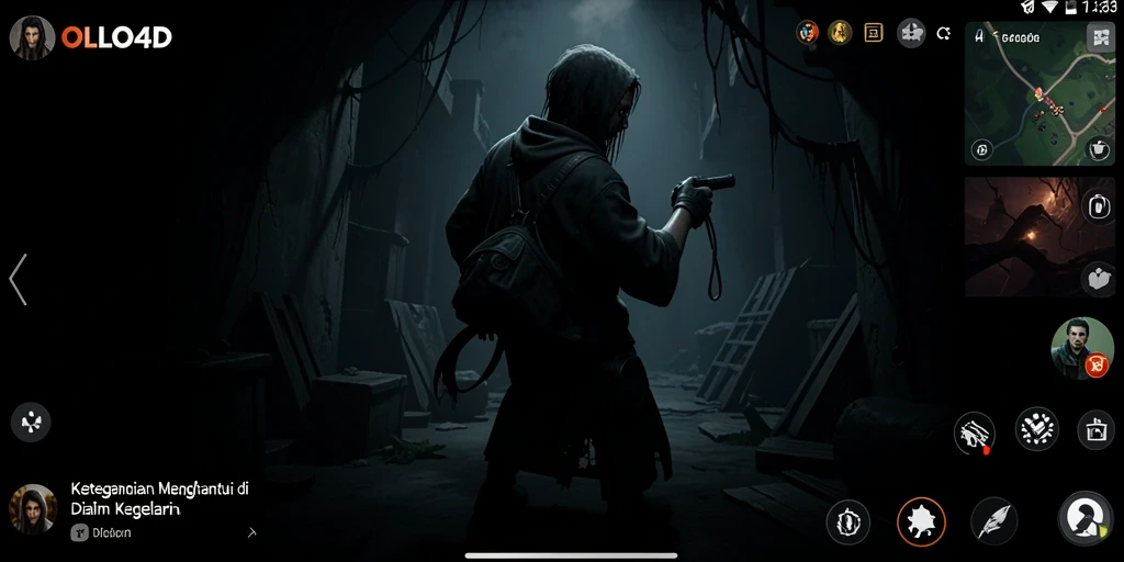 Screenshot gameplay OLLO4D menampilkan suasana mencekam di tengah kegelapan.