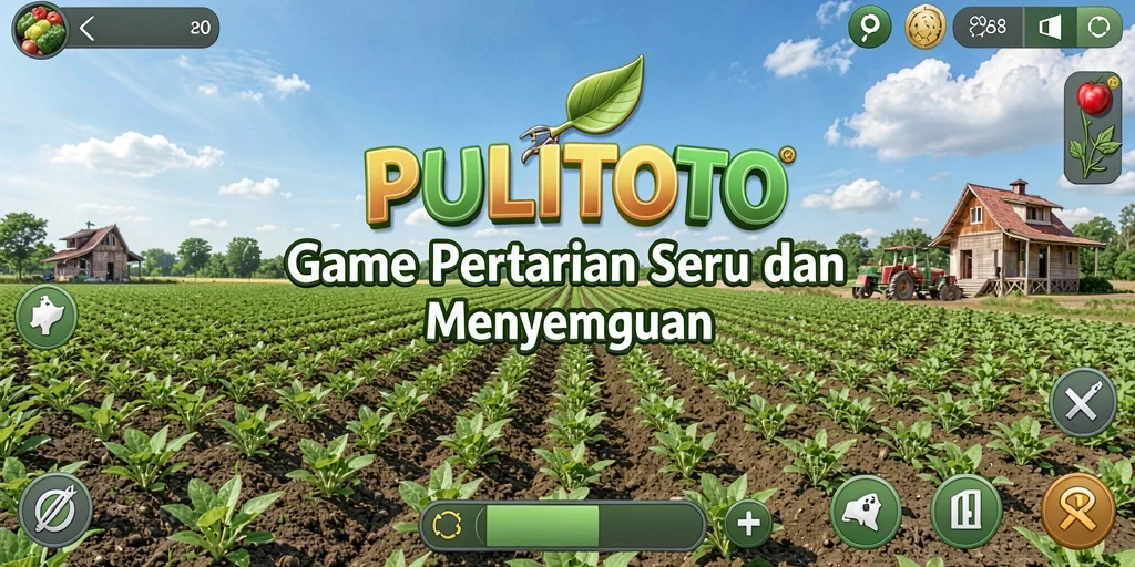 Screenshot gameplay PULITOTO menampilkan suasana pertanian yang cerah dan penuh warna.