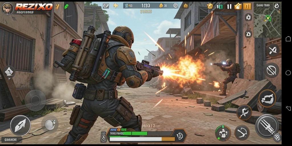 Gameplay seru REZIXO dengan aksi tembak-menembak intens.