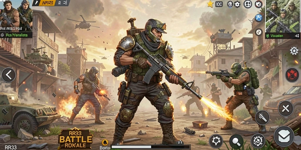 Screenshot utama RR33 menunjukkan pertarungan intens antar pemain di arena Battle Royale.