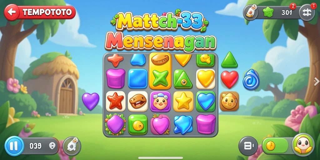 Tampilan gameplay TEMPOTOTO dengan grafis match-3 yang menarik.