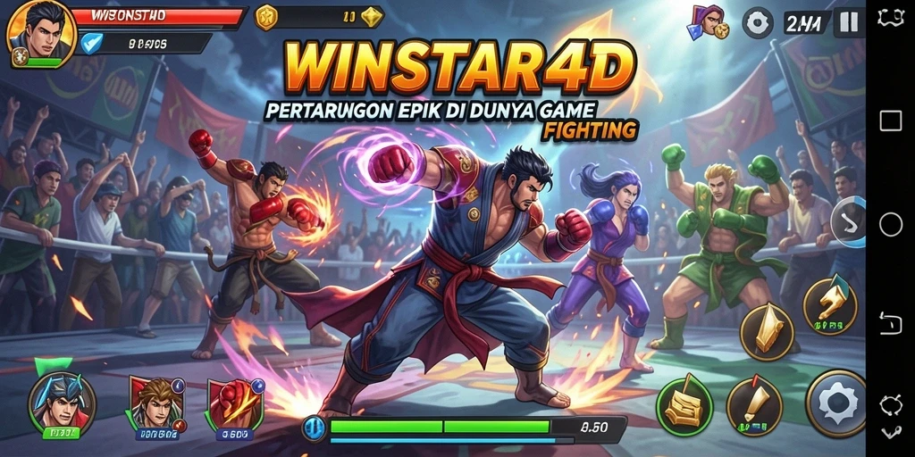 Tangkapan layar WINSTAR4D menampilkan pertarungan mendebarkan dengan karakter yang beraksi.